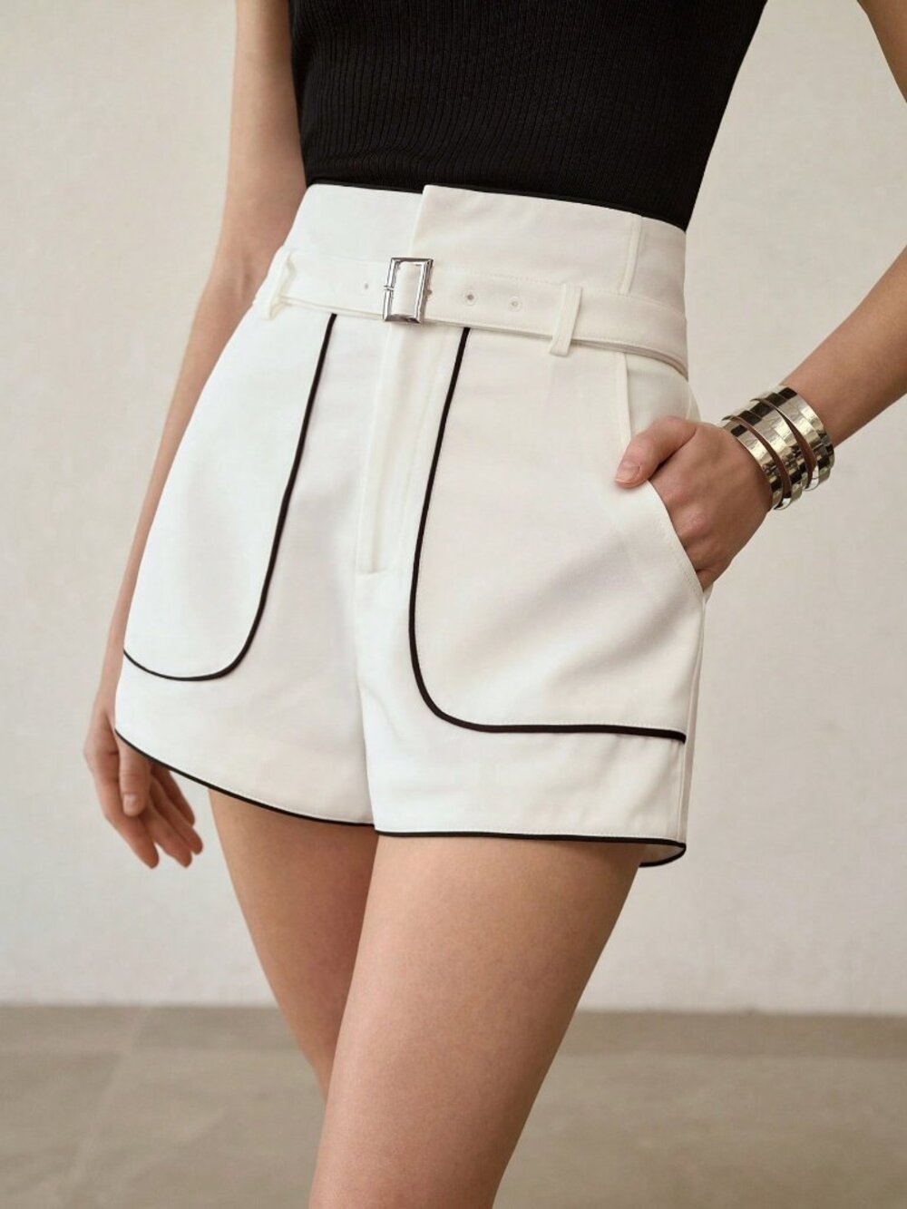 White Casual Women's Premium Contrast Piping Shorts - Picture 4 of 6